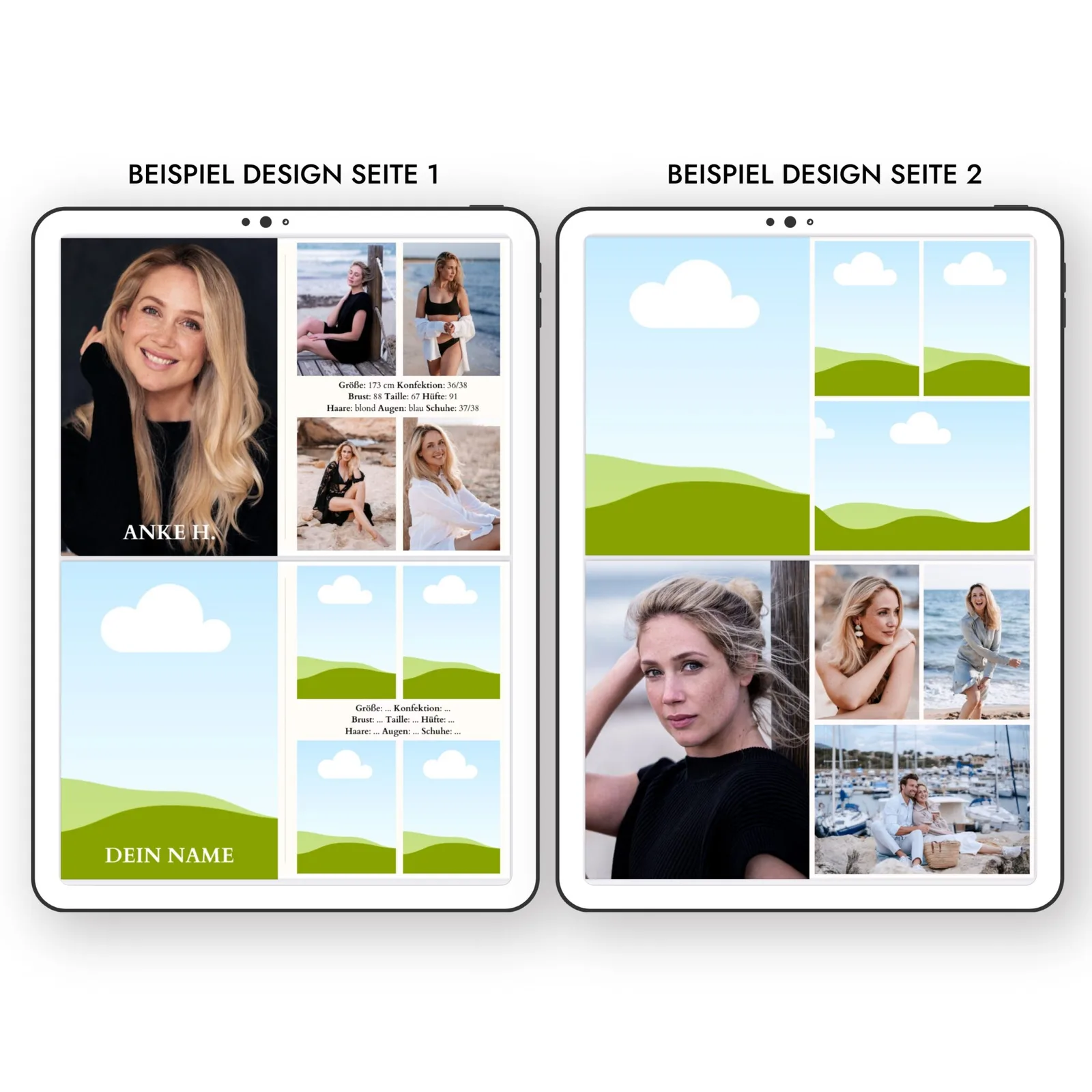 Zwei Beispiel-Designs von Model Sedcards auf Tablets mit Fotos und Measurements