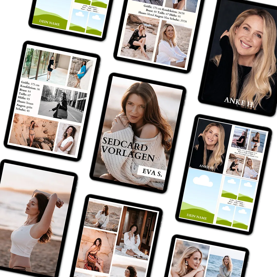 Mehrere Tablet und Smartphone-Mockups mit verschiedenen Model Sedcard Vorlagen-Designs