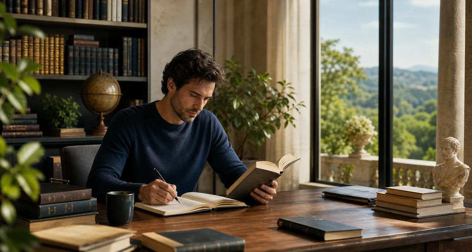 Mann sitzt am Schreibtisch mit Buch und Notizbuch, Bücherregal und Fensterblick im Hintergrund
