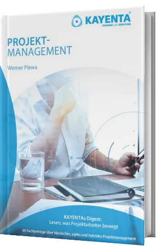 Modernes Projektmanagement – Nachschlagewerk zu Scrum und Kanban 1 E-Book Cover Modernes Projektmanagement von Werner Plewa mit KAYENTA Logo und Diagramm