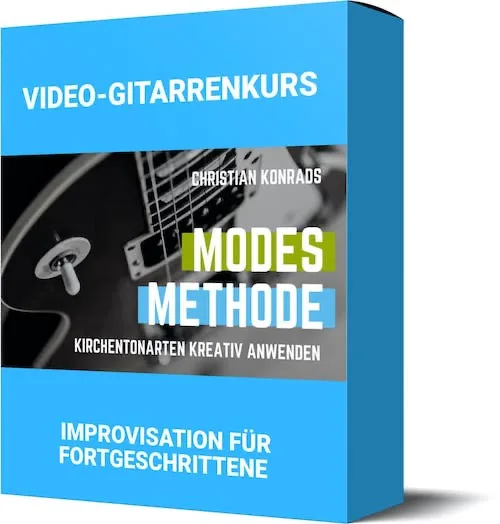 Modes-Methode – Gitarren-Videokurs von Christian Konrad 1 Modes-Methode Video-Gitarrenkurs Cover, blau mit E-Gitarre, Kirchentonarten kreativ anwenden