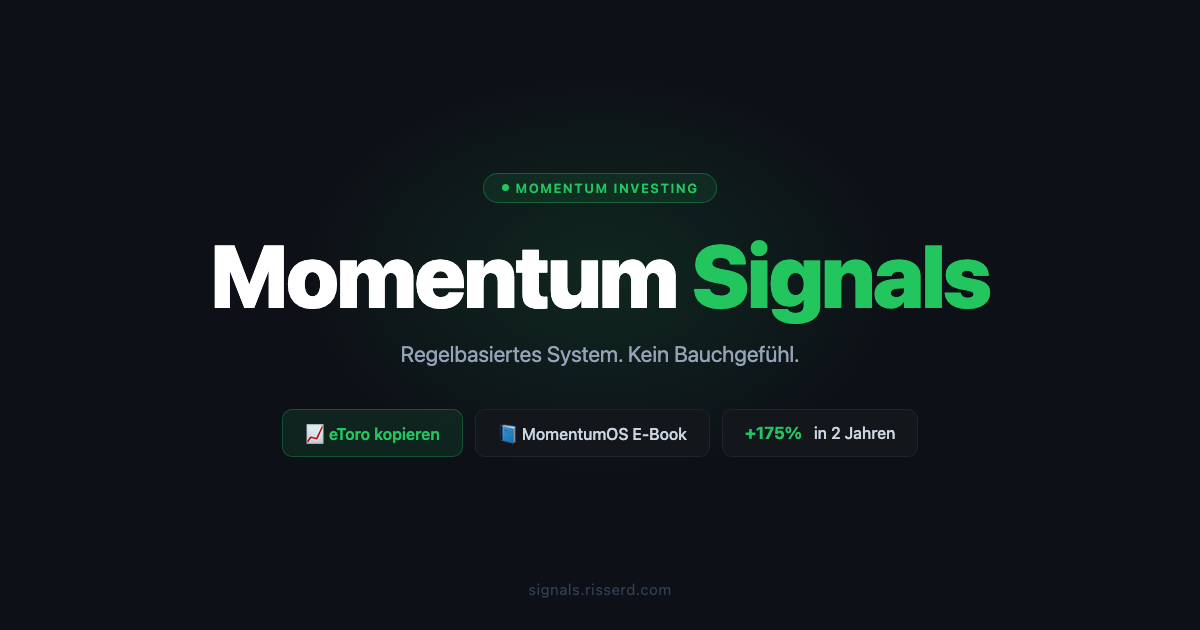 MomentumOS Hero-Banner mit grünem Accent und Momentum Signals Headline auf dunklem Hintergrund