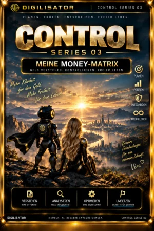 Titelgrafik Control Series 03 mit KI-Agent und Frau vor futuristischer Stadt im Sonnenaufgang, goldene Designelemente