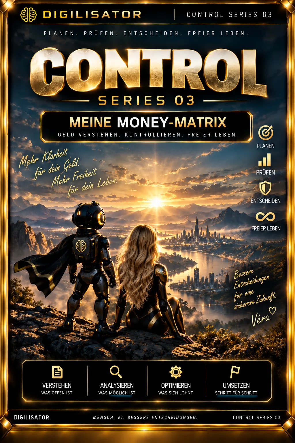Titelgrafik Control Series 03 mit KI-Agent und Frau vor futuristischer Stadt im Sonnenaufgang, goldene Designelemente