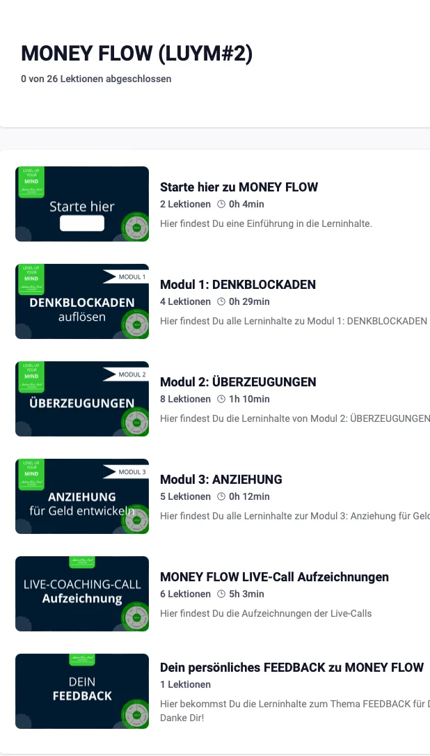 Money Flow LUVM#2 Kursstruktur mit 3 Modulen, Live-Coaching und Feedback-Optionen