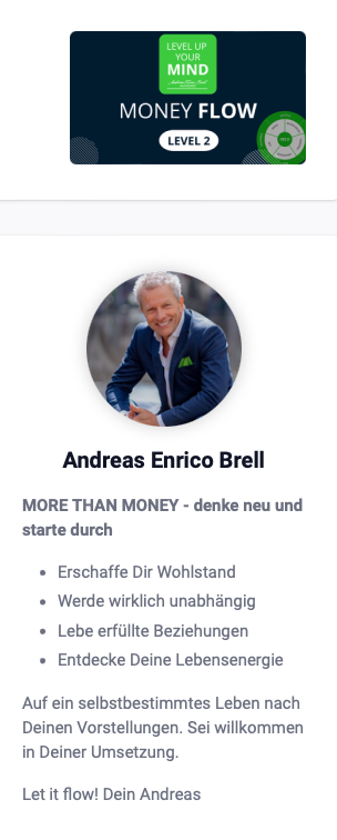 Money Flow Level 2 Memberbereich Screenshot mit grünem Logo und Andreas Enrico Brell Profil