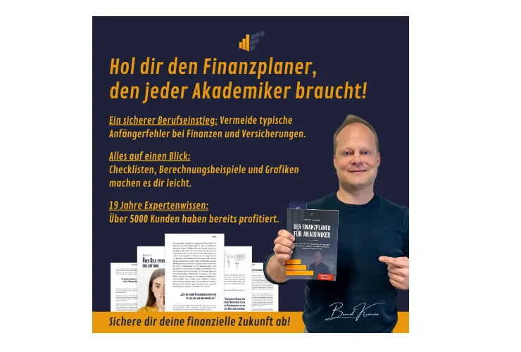 Produktvorstellung Finanzplaner für Akademiker mit Buch-Mockup und Vorteile-Aufzählung