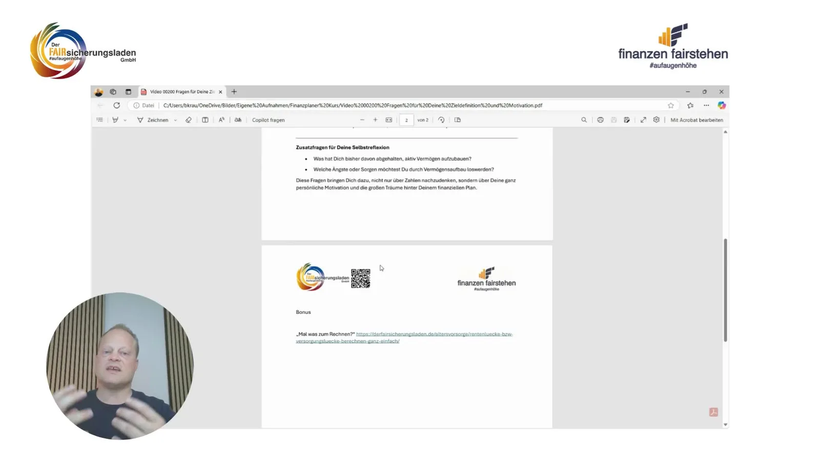 Screenshot eines PDF-Dokuments mit Fragen zur Selbstreflexion für finanzielle Planung und Trainer-Portrait