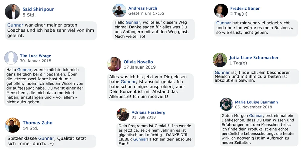 Testimonials von Kursteilnehmern mit Namen, Daten und Bewertungstexten