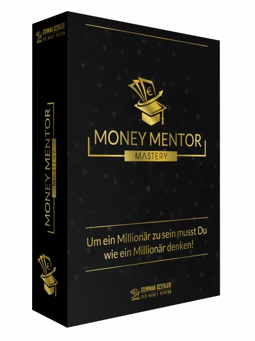 Money Mentor Mastery Premium Produktbox mit schwarzem Design und goldenem Logo