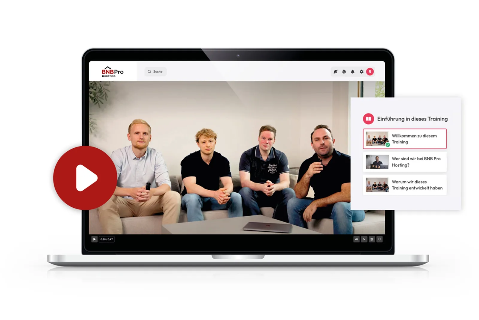 Laptop zeigt Videokurs-Interface mit vier Trainern und Playlist-Navigation
