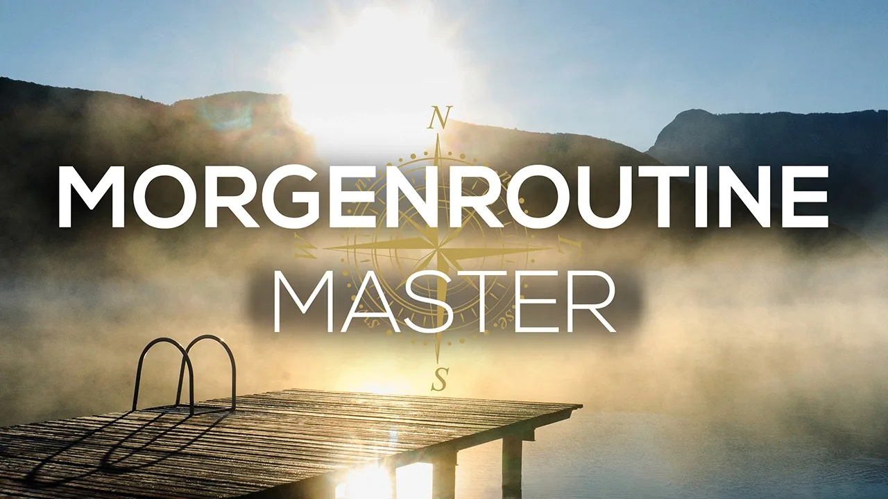 Hero-Bild Morgenroutine Master mit See, Steg und Kompass bei Sonnenaufgang