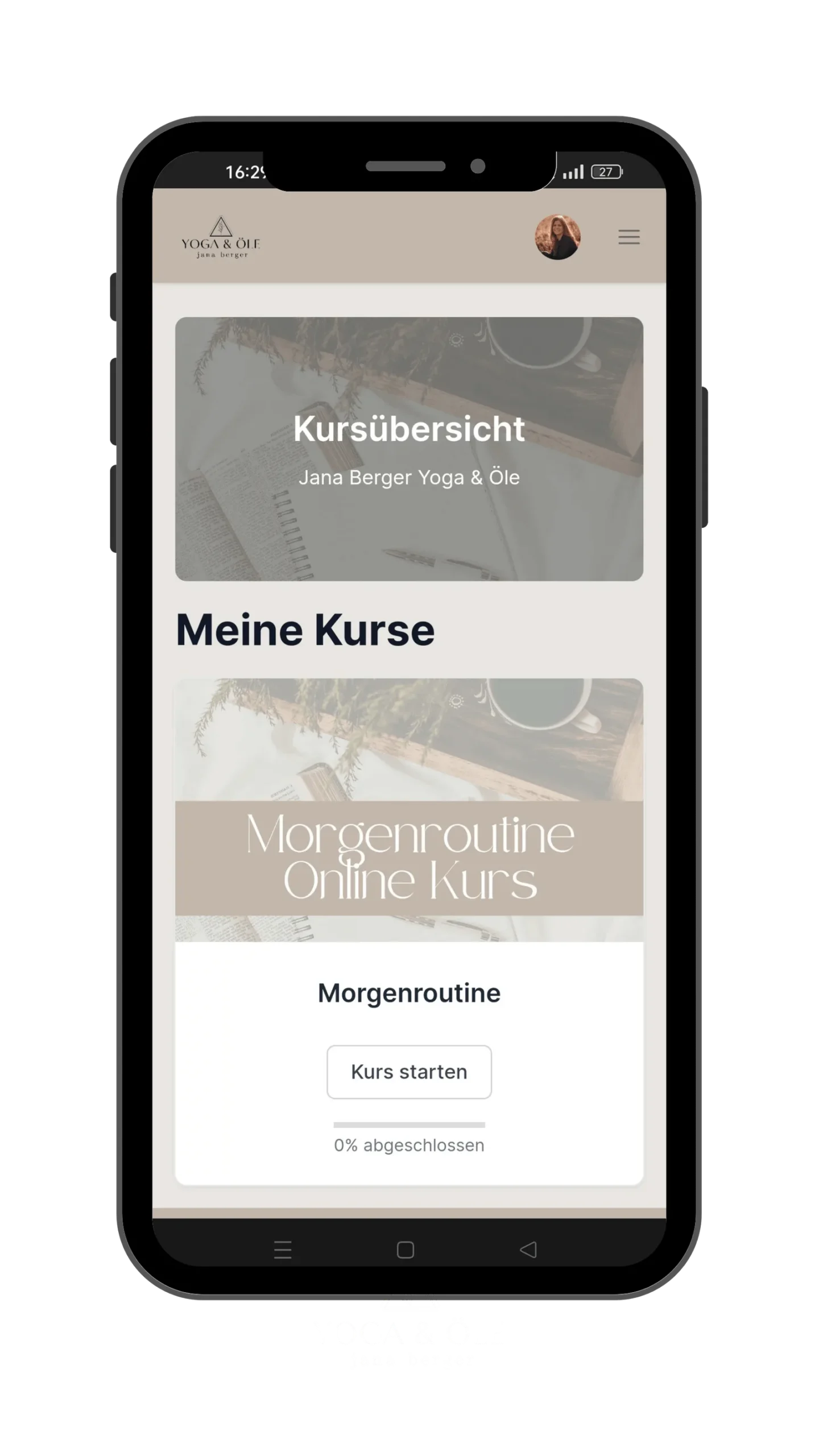 Smartphone-Mockup des Morgenroutine Online-Kurses mit Kursübersicht und Startbutton