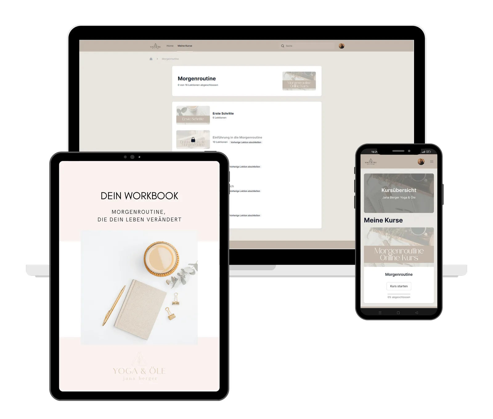 Mockup des Morgenroutine Online-Kurses auf Desktop, Tablet und Smartphone dargestellt