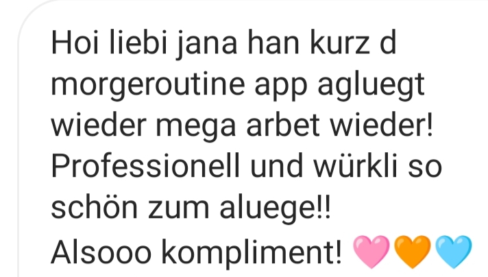 Kundenbewertung zur Morgenroutine App mit positiver Aussage und Herz-Emojis