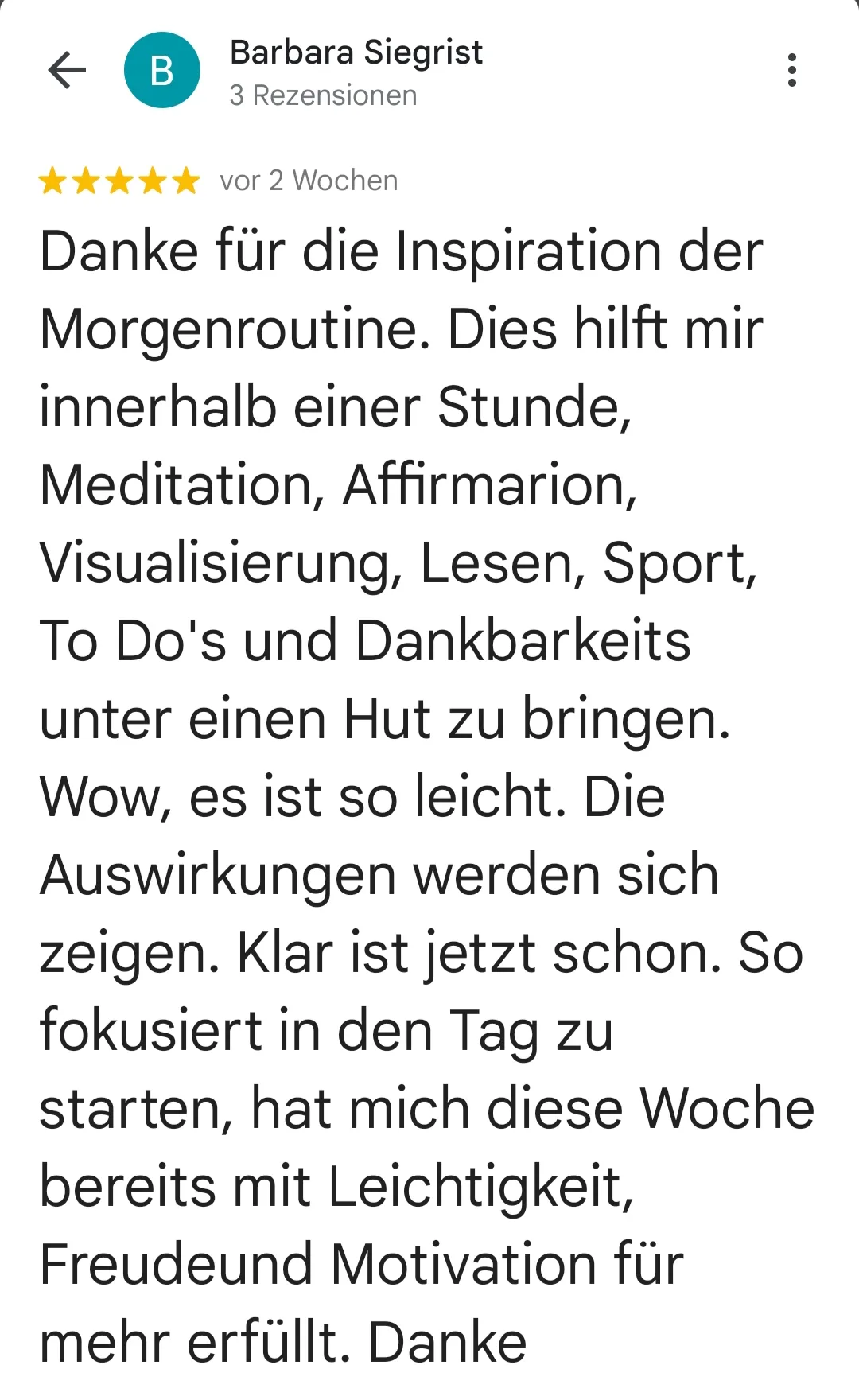 5-Sterne-Bewertung von Barbara Siegrist: Lob für Morgenroutine Inspiration und Struktur