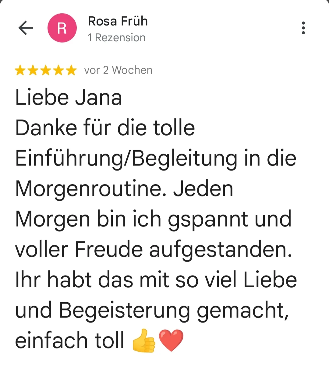 5-Sterne-Bewertung von Rosa Früh: Dankbarkeit für Morgenroutine Einführung und Begleitung