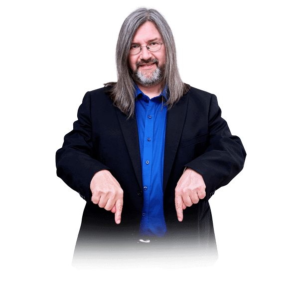 Mann mit langen grauen Haaren, Brille, blauem Hemd und Blazer, beide Daumen nach unten, Portrait