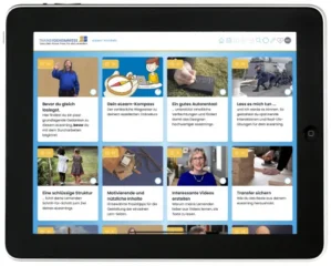 MotiLern Starter 6.0 auf Tablet-Bildschirm mit acht Kurs-Kacheln: Gebärdensprache, Kompetenztraining, Automatisierungsumgang,