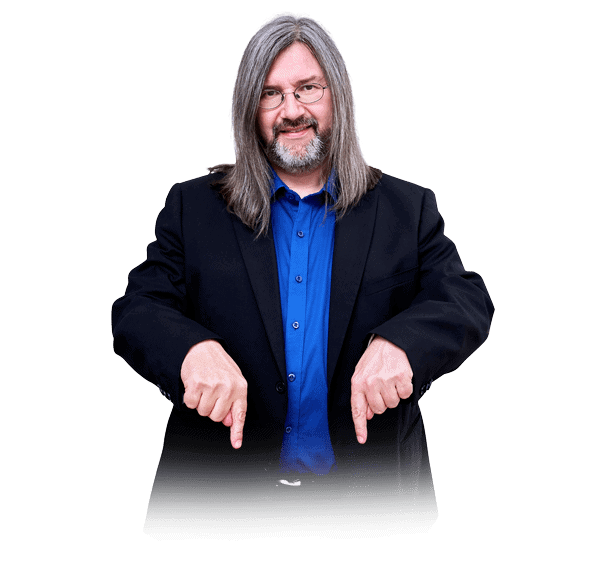 Portrait von Michael mit grauem Haar, Brille, Bart, blauem Hemd und schwarzem Blazer, beide Daumen nach unten zeigend