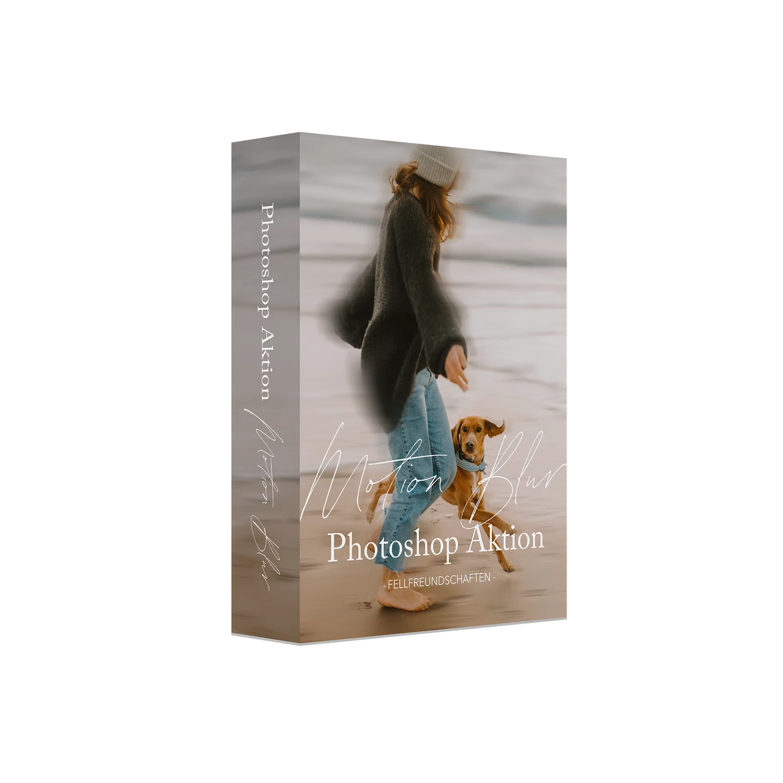 Motion Blur Photoshop Aktion Produktbox mit Frau und Hund am Strand