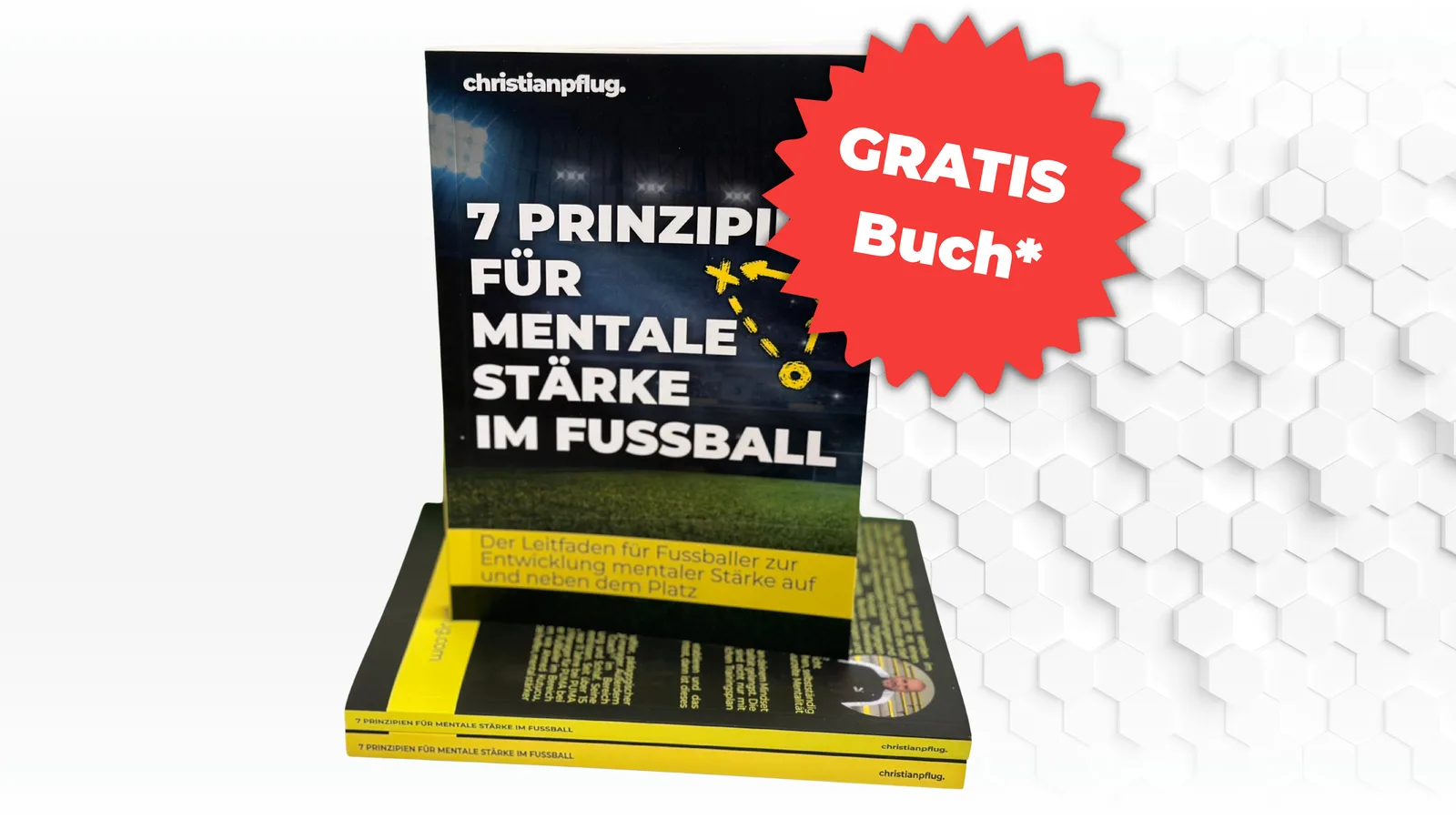 Produktmockup: Buch 7 Prinzipien für mentale Stärke im Fußball mit Gratis-Angebot