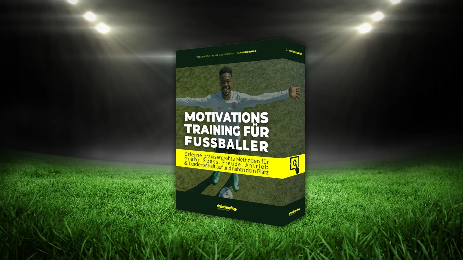 Online-Kurs Produktbox Motivations-Training für Fußballer auf Rasen unter Stadionlicht