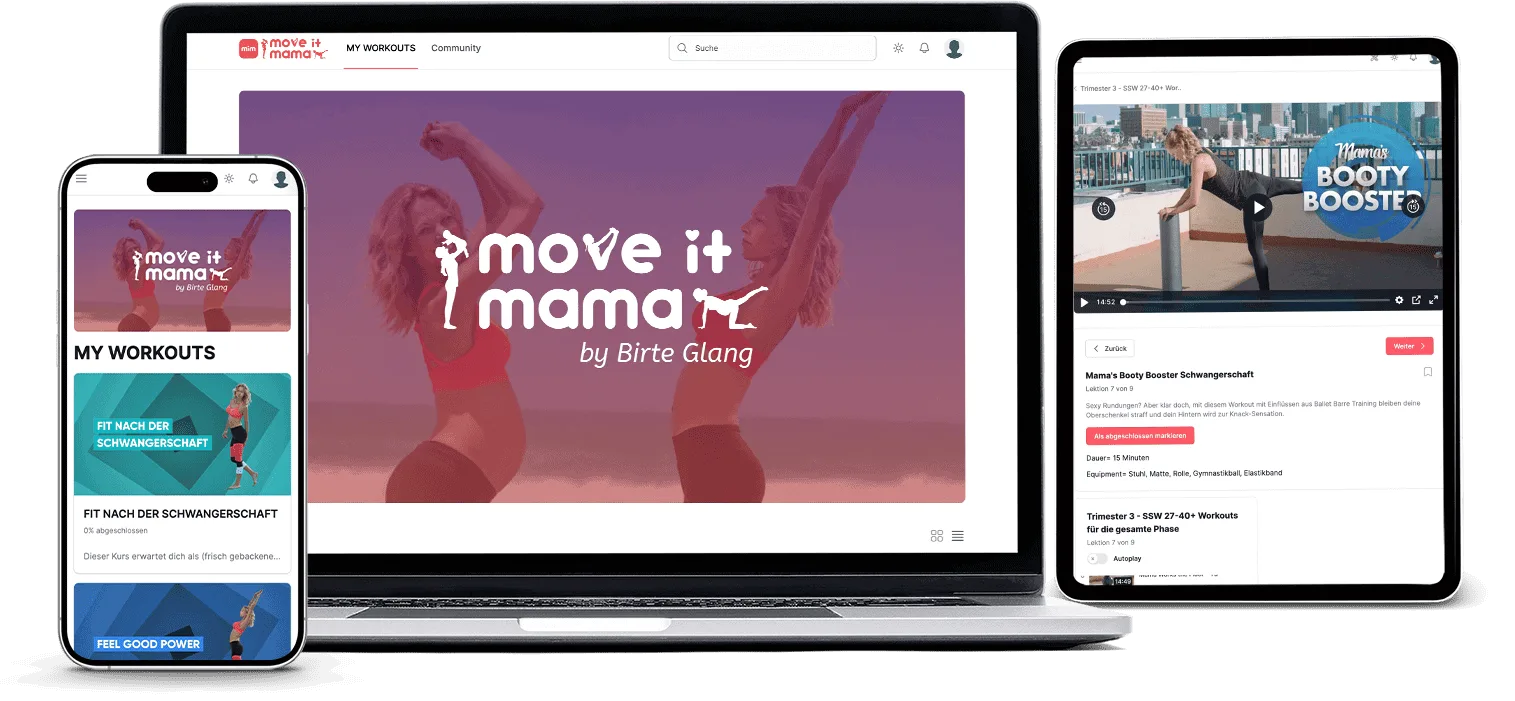 Move it Mama Videokurs Mockup auf Smartphone, Tablet und Desktop-Bildschirm