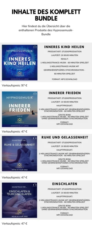 Übersicht der Produkte im Hypnosemusik-Bundle mit vier Album-Covern und Produktbeschreibungen