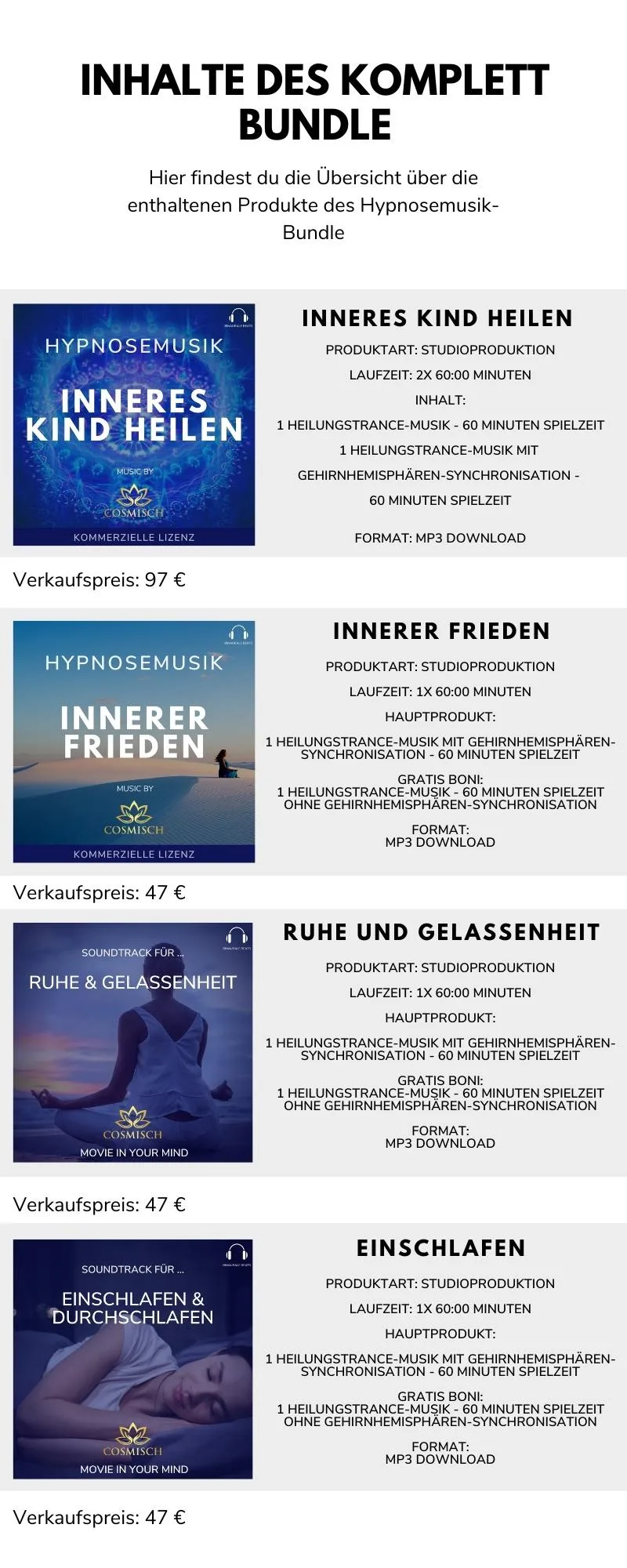 MP3-Lizenz Trancemusik – Audiopaket für Hypnosearbeit 4 Übersicht der Produkte im Hypnosemusik-Bundle mit vier Album-Covern und Produktbeschreibungen