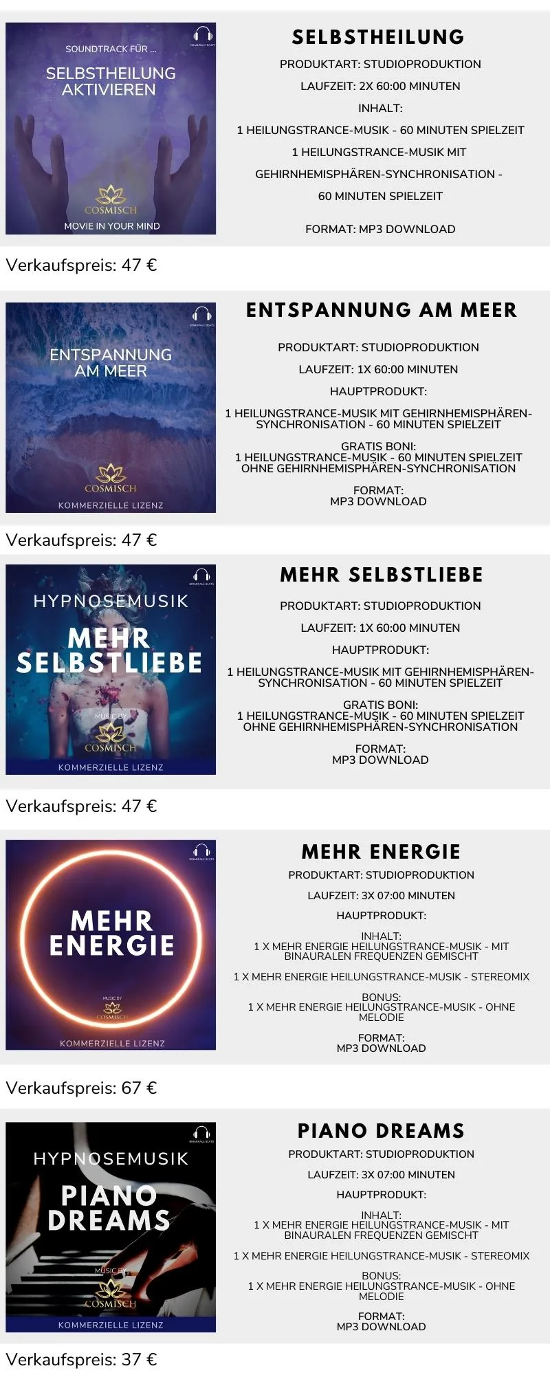 MP3-Lizenz Trancemusik – Audiopaket für Hypnosearbeit 5 Fortsetzung der Bundle-Produktübersicht mit vier weiteren Album-Covern und Beschreibungen