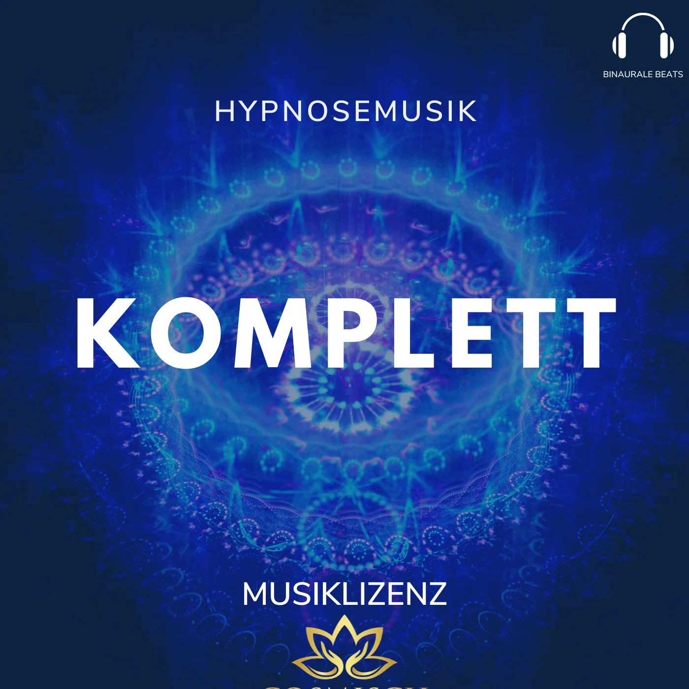 MP3-Lizenz Trancemusik – Audiopaket für Hypnosearbeit 2 Hero-Banner für Hypnosemusik-Lizenz Bundle mit blauem Mandala-Hintergrund und Kopfhörer-Logo