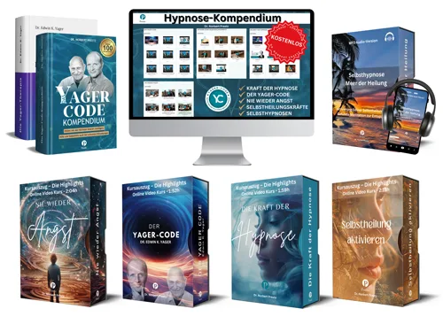 MP3-Lizenz Trancemusik – Audiopaket für Hypnosearbeit 1 Mockup-Darstellung des Hypnose-Kompendiums mit Monitor, Produktboxen und digitalen Inhalten