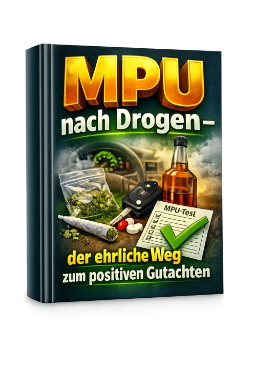MPU nach Drogen – E-Book zur MPU 3 Mockup MPU nach Drogen E-Book mit 3D-Buchgestaltung und Substanzdarstellung