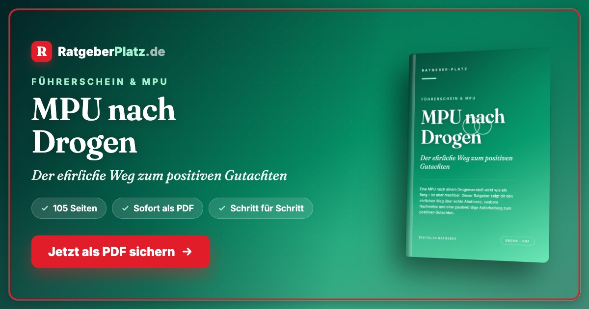 MPU nach Drogen – E-Book zur MPU 2 Hero-Banner MPU nach Drogen mit RatgeberPlatz-Logo, Buchtitel und Call-to-Action-Button