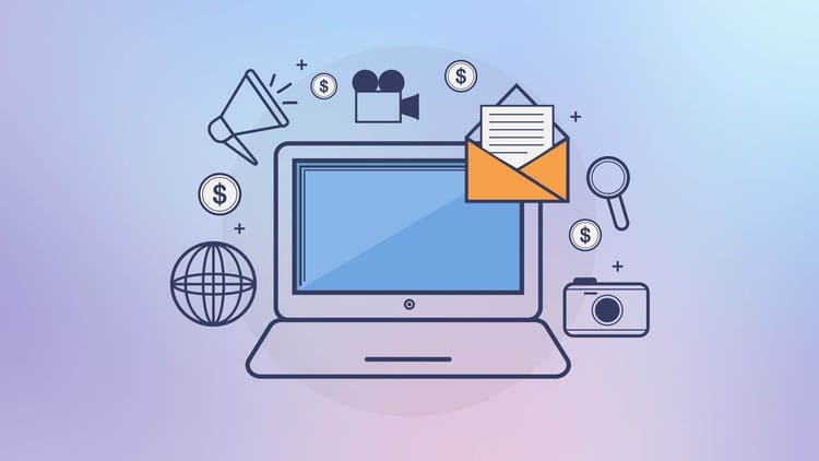 Illustrierte Grafik eines Laptops mit E-Mail, Kamera, Lupe und Kommunikationssymbolen umgeben von Dollar-Zeichen