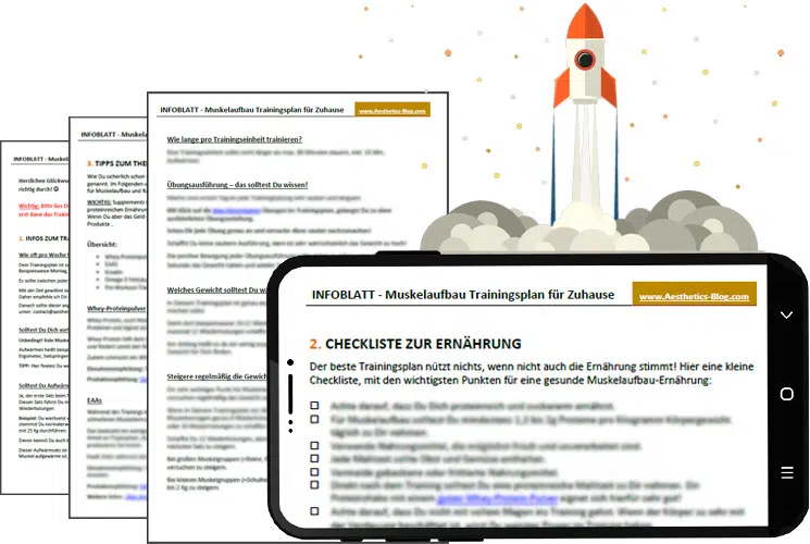 Ebook Trainingsplan Muskelaufbau für Zuhause Mockup mit Rakete und Smartphone