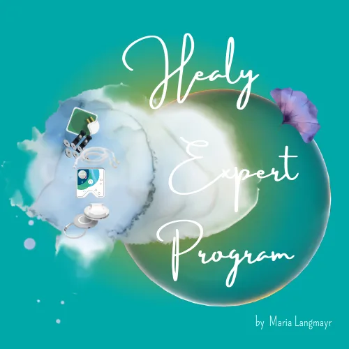 Healy Expert Program Cover mit Schriftzug, Cloud-Elementen und lila Blume auf Türkis-Hintergrund
