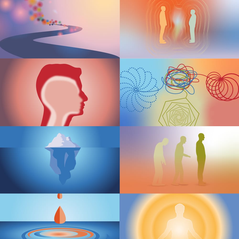 Neun bunte Illustrationen der innerwise Methodik mit Menschenfiguren, geometrischen Formen und Symbolen