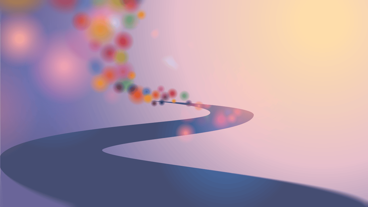 Abstrakte Illustration mit geschwungenen Linien und bunten Kugeln auf pastellfarbenem Hintergrund