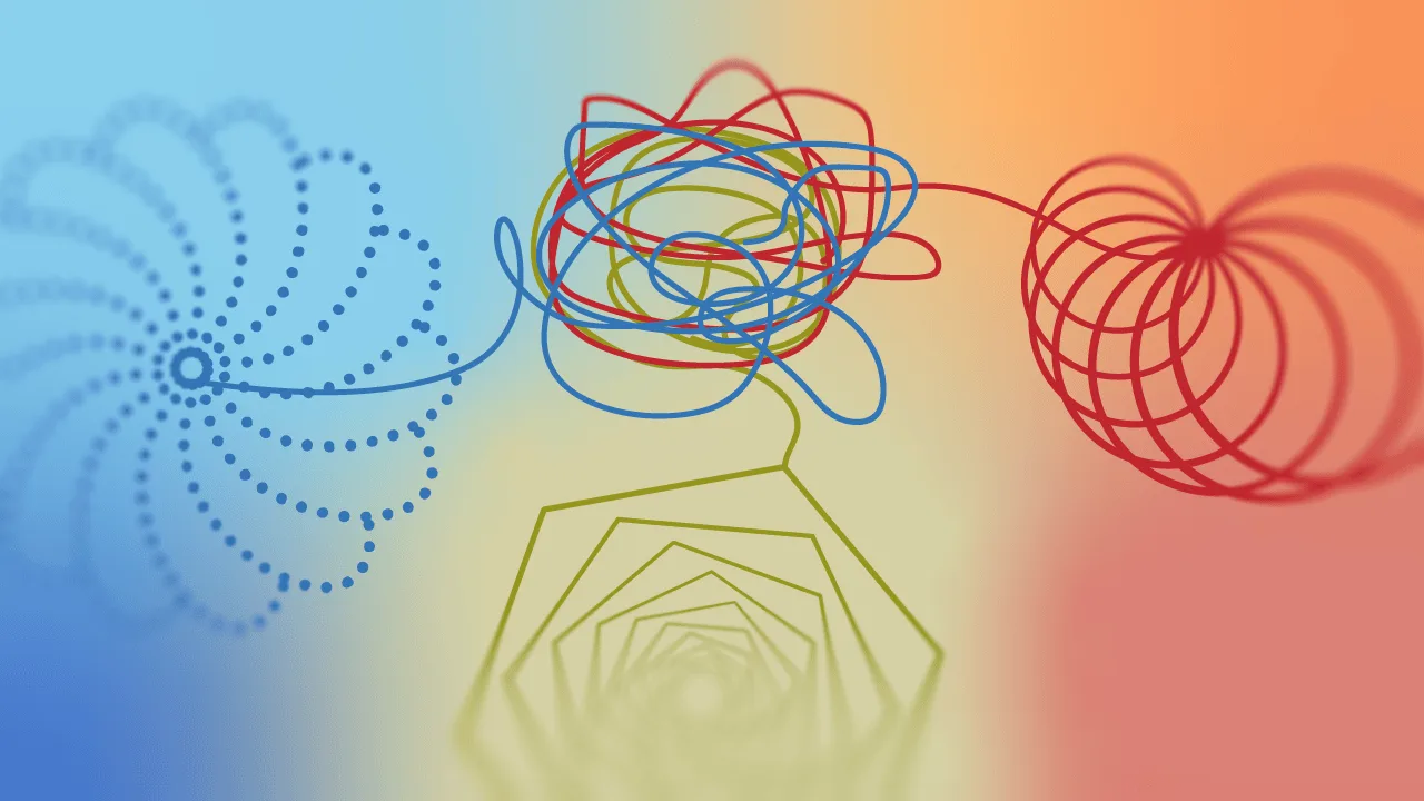 Abstrakte Darstellung mit geometrischen Formen und Linien in blau, gelb und rot auf Farbverlauf