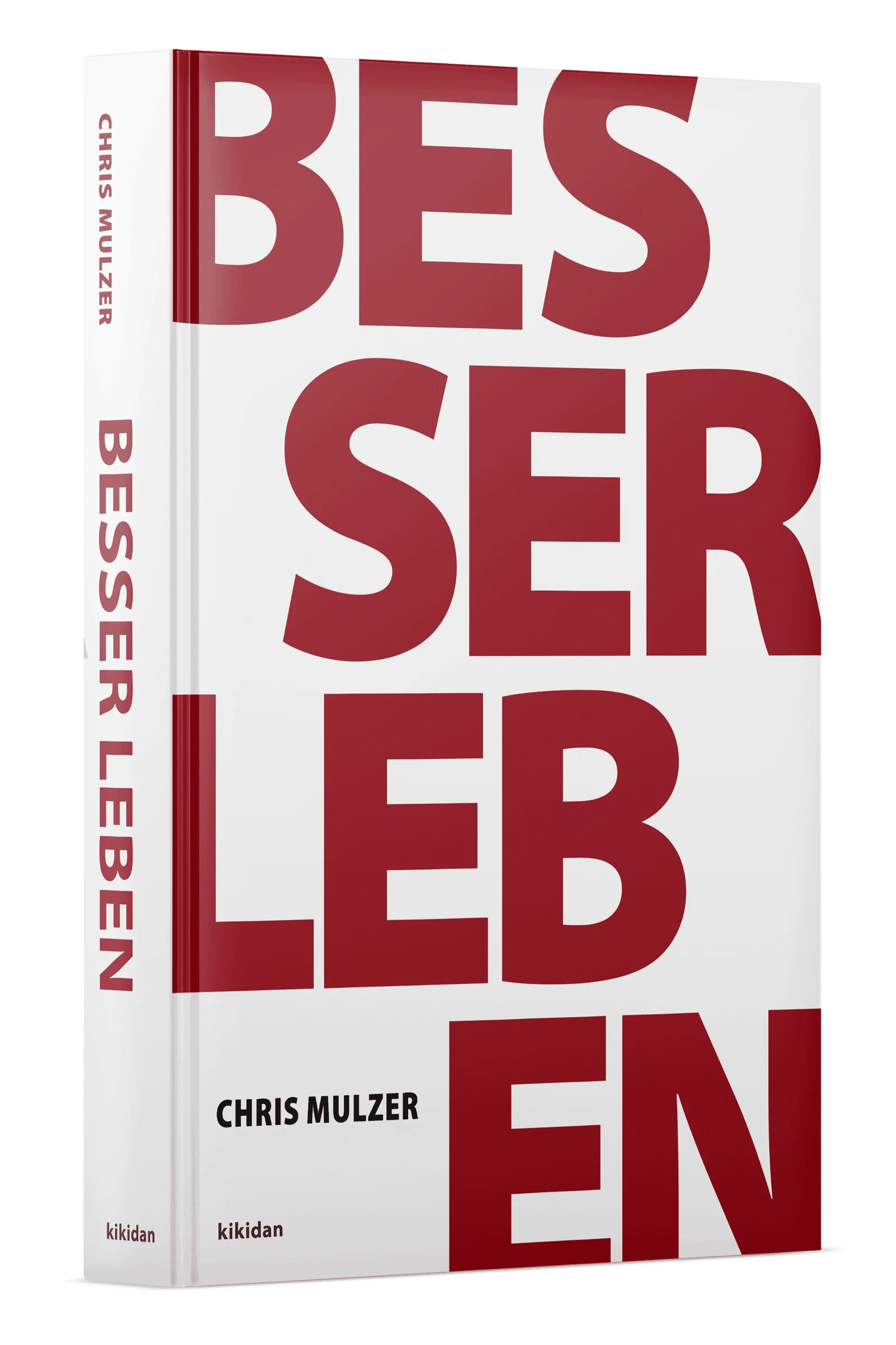 Hardcover-Buch mit weißem Hintergrund und großem rotem Text