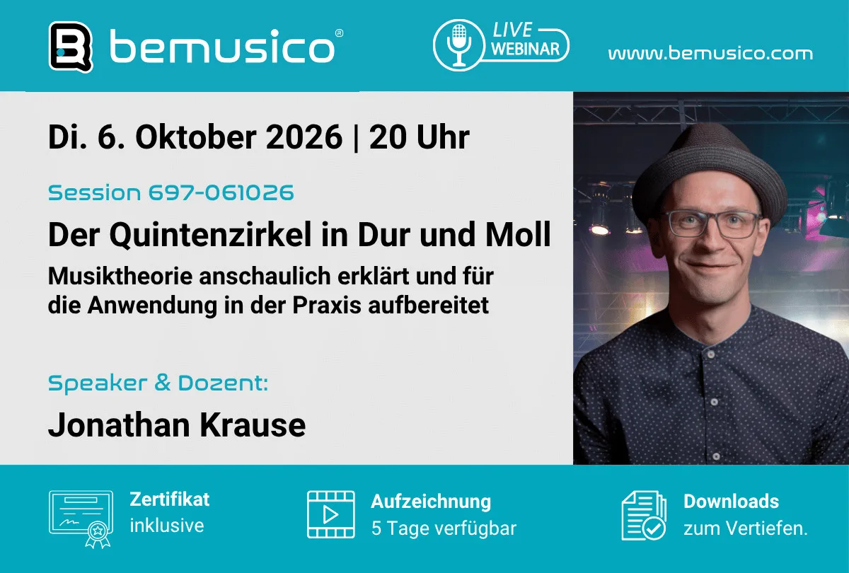 bemusico Live Webinar Ankündigung Musiktheorie Quintenzirkel mit Jonathan Krause am 6. Oktober 2026