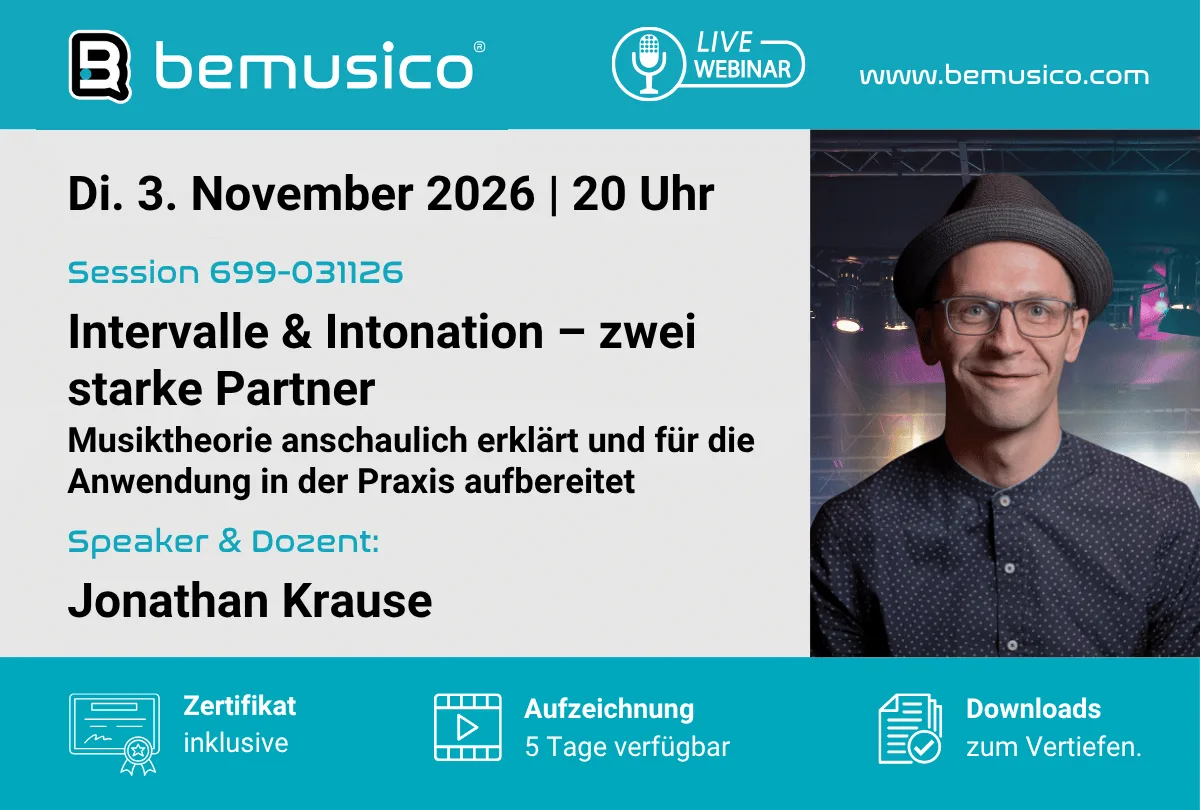 Bemusico Live Webinar Ankündigung Musiktheorie Intervalle und Intonation mit Jonathan Krause am 3. November 2026