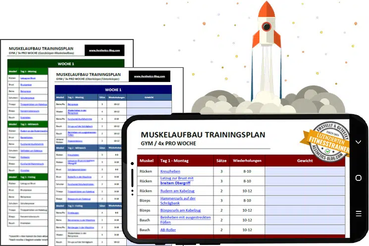 Digitales Produkt Muskelaufbau-Trainingsplan Mockup mit Rocket und Smartphone