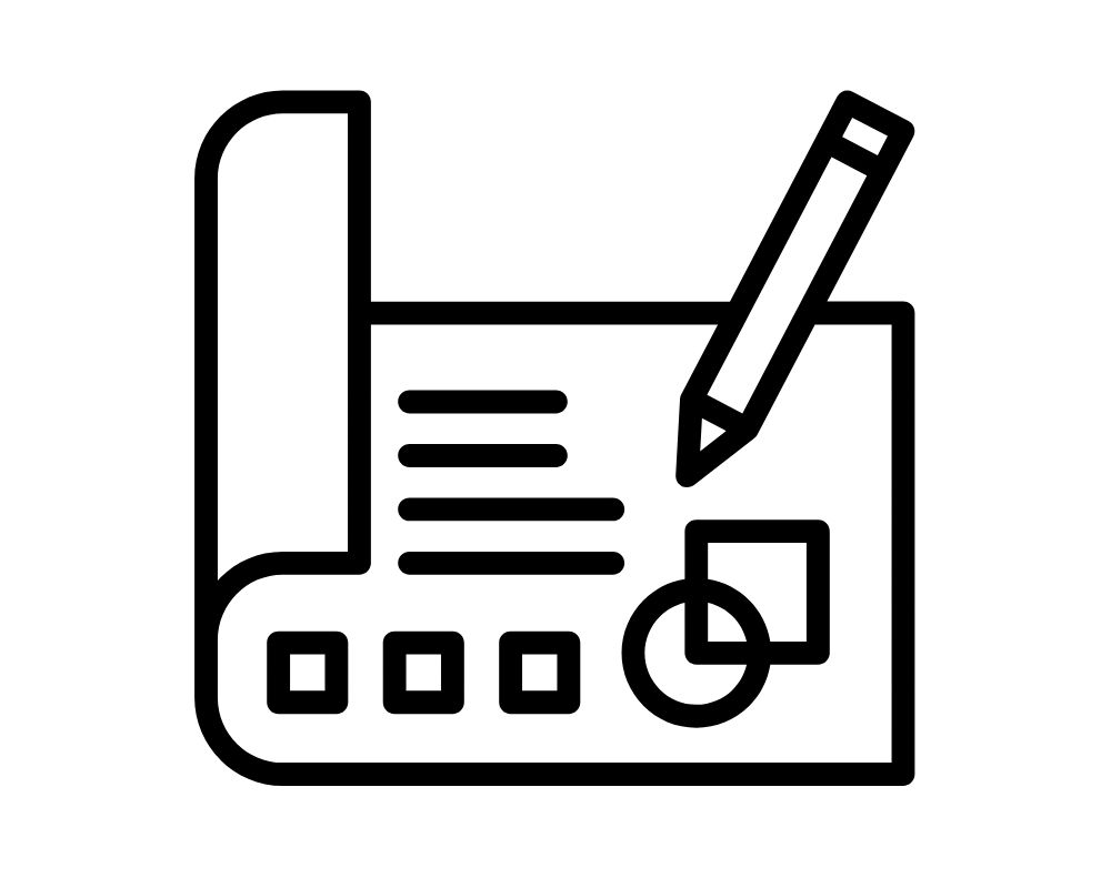 Icon eines Planungs-Clipboards mit Stift, Linien und Pie-Chart