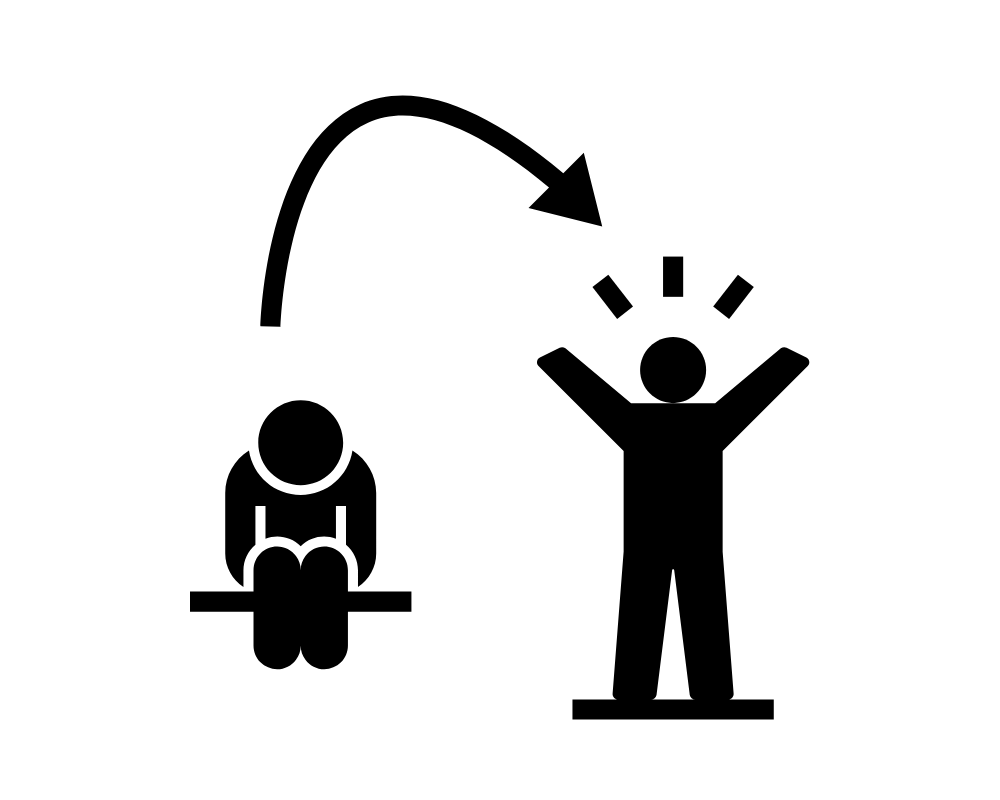 Symbol zeigt Transformation von sitzender zu stehender Person mit Energieausstrahlung