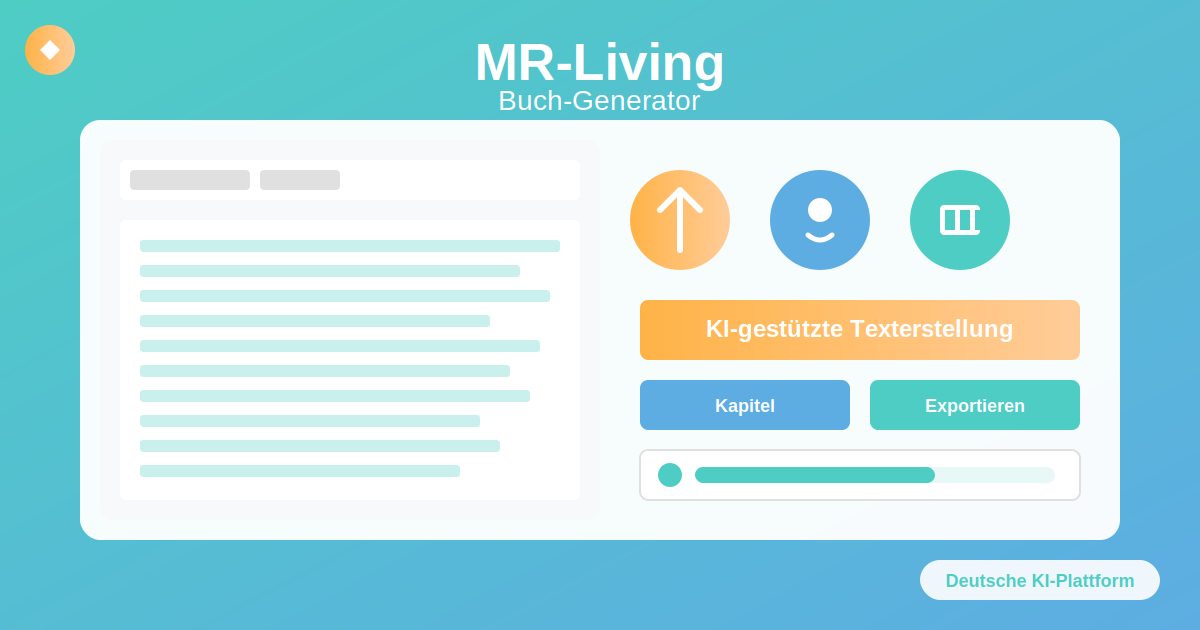 MyDF-Alive Publish Studio – KI-Software zum Publizieren 3 MR-Living Buch-Generator Interface mit KI-gestützter Texterstellung, Kapitel- und Exportfunktionen