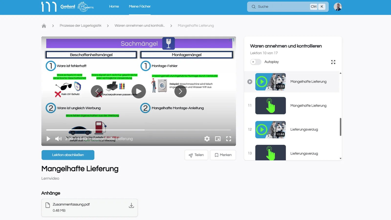 MyDigiAcademy-Mitgliederbereich mit Lernvideo Sachverhältnisse zeigt Waren-Beschaffungsmängel und Montagemängel-Fehler