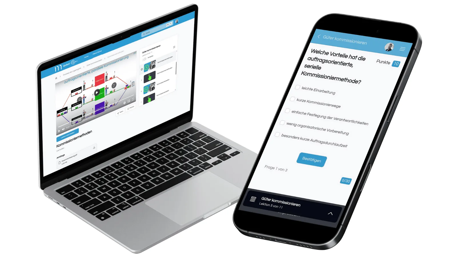 Laptop und Smartphone nebeneinander: Laptop zeigt MyDigiAcademy Kommissioniermethoden-Seite, Smartphone zeigt Quiz mit Multip
